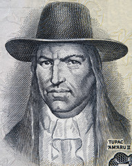 Tupac Amaru II portrait on Peruvian 50 soles (1977) banknote closeup macro,  leader of indigenous...