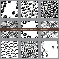 9 hand drawn abstract textures. Universal design for wrapping, flyers, cards, branding and digital scrapbooking.