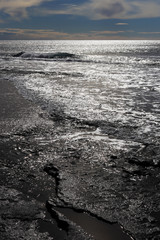 Sea cliff shore with sunlight reflection