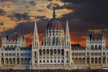 Fototapeta premium Hungary, Budapest Parliament view from Danube river 