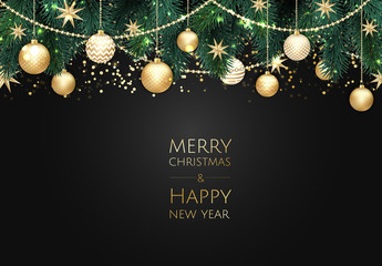 Merry Christmas and Happy New Year. Xmas background with gift box, Snowflakes and balls design.