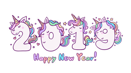 New Year 2019 With Cute Unicorn Numbers Vector Illustration