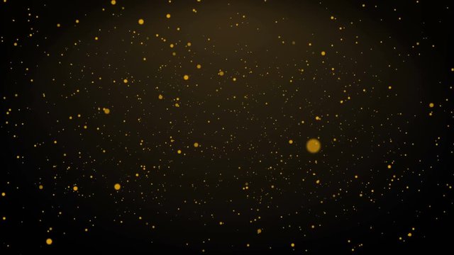 Bright yellow or golden lighted particles of dust or abstract of universe parts falling and moving on the dark brown background.