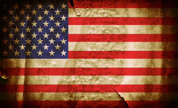 National flag of United states of America on old creased crumpled grunge paper poster grunge texture wall background / American flag