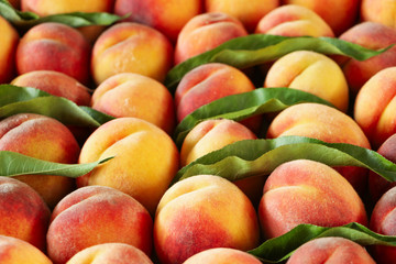 Ripe peaches on the market counter. Close-up.
