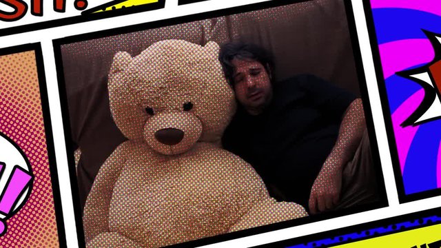 Inside a panel of a comic book page layout: a sad depressed man seeking comfort and a hug from his toy friend, a giant teddybear.
