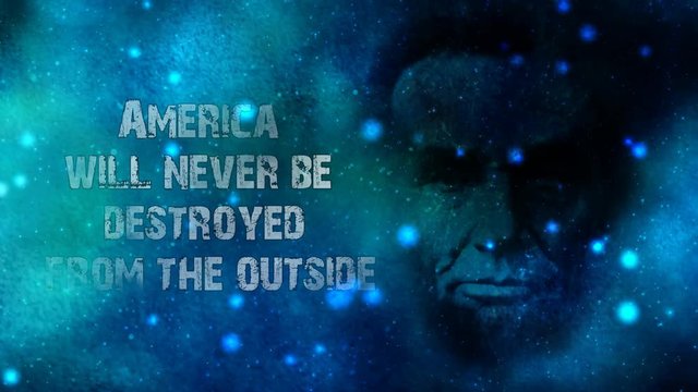 Abraham Lincoln America Quote 4K Loop features particles and clouds moving across the screen with an ethereal picture of Abraham Lincoln’s face with a quote from him about the destruction of America