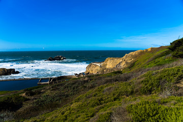Fototapeta na wymiar The view of Lands end at San Francisco- San Francisco. summer , cloud , rock , sea, plant.