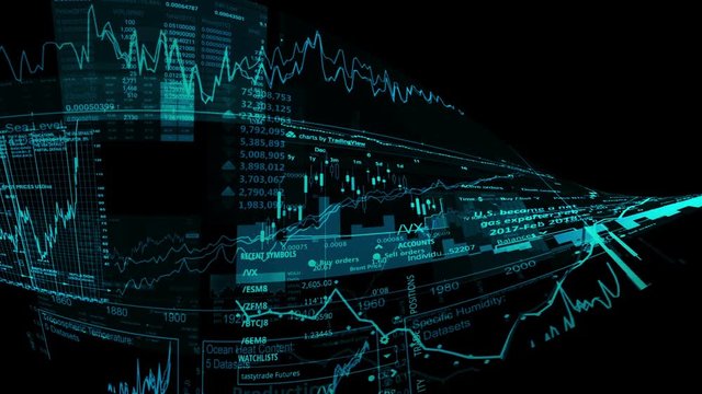 Stock market indices are moving in the virtual space. Economic growth, recession. Electronic virtual platform showing trends and stock market fluctuations