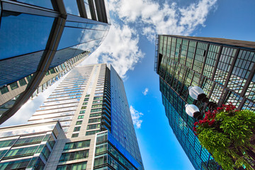 Boston downtown financial district and city skyline at a bright sunny day