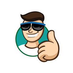 Icon sticker emotion person with sunglasses and smiling indicating be all right, okay, perfect. Ideal for educational and institutional materials