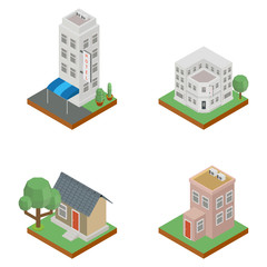 Cityscape design elements with isometric building city map generator. 3D flat icon set. Isolated collection for creating your perfect road, park, transport, trees, infrastructure - Vector