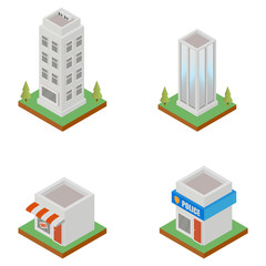 Cityscape design elements with isometric building city map generator. 3D flat icon set. Isolated collection for creating your perfect road, park, transport, trees, infrastructure - Vector