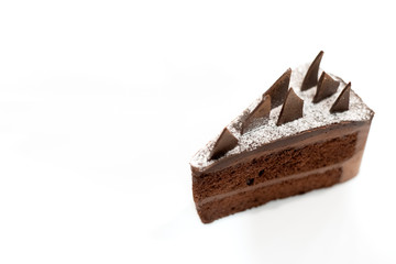 Chocolate cake on a white background.