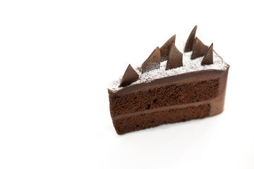 Chocolate cake on a white background.