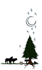 Pine Tree bottom right border with Wolves