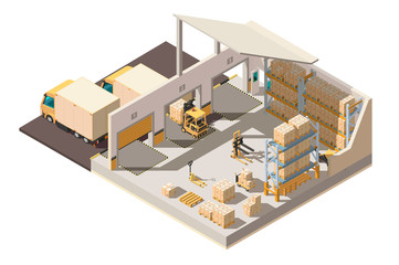 Isometric 3d warehouse with parking, shipment truck, forklift and box for delivery.