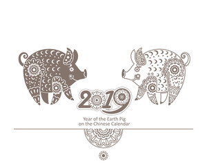 Happy Chinese new year 2019, the year of earth pig. Vector card with two decorative pigs.