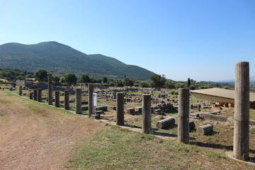 Fototapeta na wymiar Ruins of ancient greek city Messini with the mountains on the background, Peloponnese, Greece