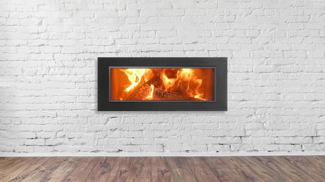 Fireplace on white brick wall in bright empty living room interior of house