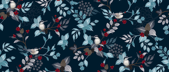  Vector illustration of a seamless floral pattern with cute birds in winter for Wedding, anniversary, birthday and party. Design for banner, poster, card, invitation and scrapbook 				