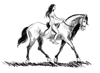 Beautiful woman riding a horse. Ink black and white drawing