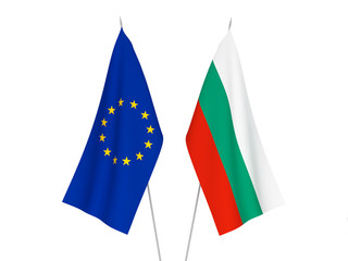 National fabric flags of European Union and Bulgaria isolated on white background. 3d rendering illustration.