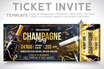 Gold champagne. Invitation Ticket. Ticket party, new year invite. elegant holiday party invitation. Flyers. 2019. invitations. invitation card, Template