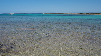 Colonia Sant Jordi, Spain. Amazing landscape of the charming beach Es Trencs. It has earned the reputation of Caribbean beach of Mallorca