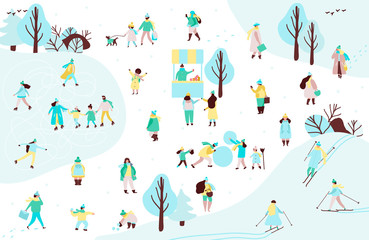 Group of people and family in outerwear spending time in winter park