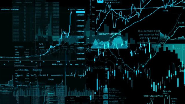 Stock market indices are moving in the virtual space. Economic growth, recession. Electronic virtual platform showing trends and stock market fluctuations