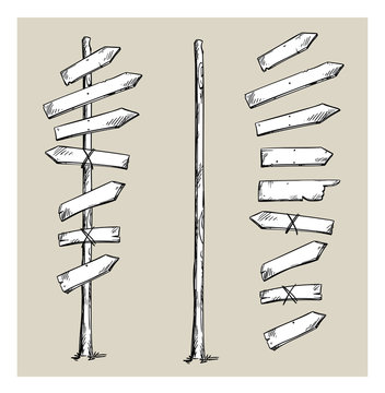 Naklejki Wooden signpost with arrows, vector illustration