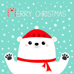 Merry Christmas. White polar bear holding hands paw print. Red winter scarf, hat. Cute cartoon funny kawaii baby character. Happy New Year. Flat design. Blue snow background. Greeting card.