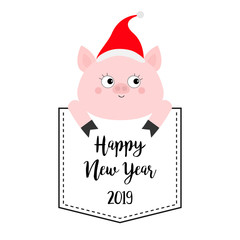 Happy New Year. Pig in the pocket. Cute cartoon character. Santa hat. Face and hands. Hello winter. Merry Christmas. White background. Flat design.