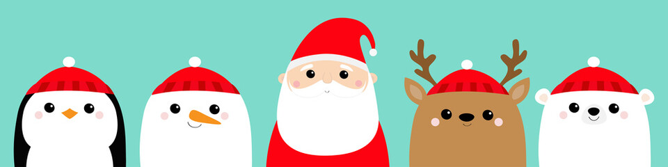 Penguin Santa Claus White polar bear Snowman Raindeer Deer bird face icon set. Merry Christmas. New Year. Cute cartoon funny kawaii baby character. Greeting card. Flat design Blue background.