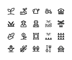 Fototapeta premium Simple Set of Agriculture Related Vector Line Icons. Contains such Icons as&nbsp;plant, sprinkler, tractor, barn, grass and More. pixel perfect vector icons based on 32px grid. Editable Strokes