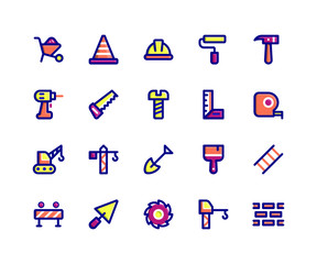 Simple Set of Construction Related Vector Filled Line Icons. Contains such Icons as barrow, helmet, hammer, drill, saw and More. pixel perfect vector icons based on 32px grid. Editable Strokes