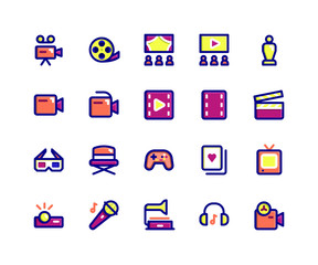 Simple Set of Entertainment Related Vector Filled Line Icons. Contains such Icons as camera, movie, theatre, filmstrip, trophy and More. pixel perfect vector icons based on 32px grid. Editable Strokes