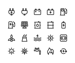 Fototapeta premium Simple Set of Energy Related Vector Line Icons. Contains such Icons as&nbsp;plug, battery, gas, solar, oil, sun and More. pixel perfect vector icons based on 32px grid. Well Organized