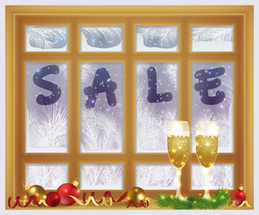 Winter sale time. Frosted window and champagne card, vector illustration