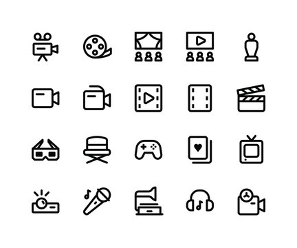 Simple Set of Entertainment Related Vector Line Icons. Contains such Icons as camera, movie, theatre, filmstrip, trophy and More. pixel perfect vector icons based on 32px grid. Editable Strokes