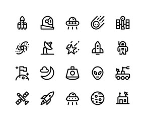 Simple Set of Space Related Vector Line Icons. Contains such Icons as rocket, astronaut, alien, comet, satellite and More. pixel perfect vector icons based on 32px grid. Editable Strokes