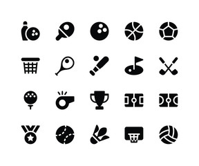 Simple Set of Sport Related Vector Glyph Icons. Contains such Icons as bowling, tennis, basketball, soccer, baseball and More. pixel perfect vector icons based on 32px grid. Well Organized