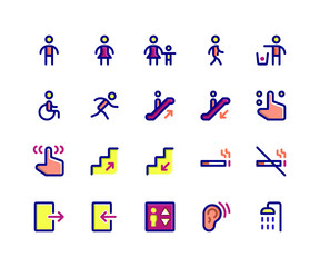 Simple Set of Wayfinding Related Vector Filled Line Icons. Contains such Icons as sign, male, women, walking, run, wheelchair and More. pixel perfect vector icons based on 32px grid. Editable Strokes.