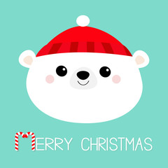 Merry Christmas. Polar white bear cub face round icon. Red hat. Happy New Year. Cute cartoon baby character. Arctic animal. Hello winter. Flat design. Hello winter. Blue background.