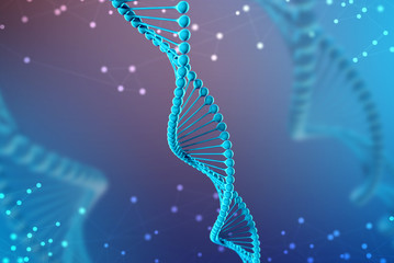 3d Illustration of DNA molecule. The blue helical molecule of a nucleotide in organism. Genome and modification