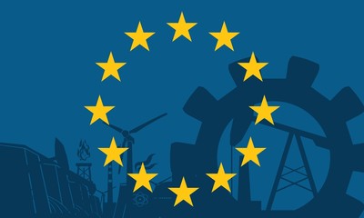 Energy and Power icons set with European Union flag. Sustainable energy generation and heavy industry.