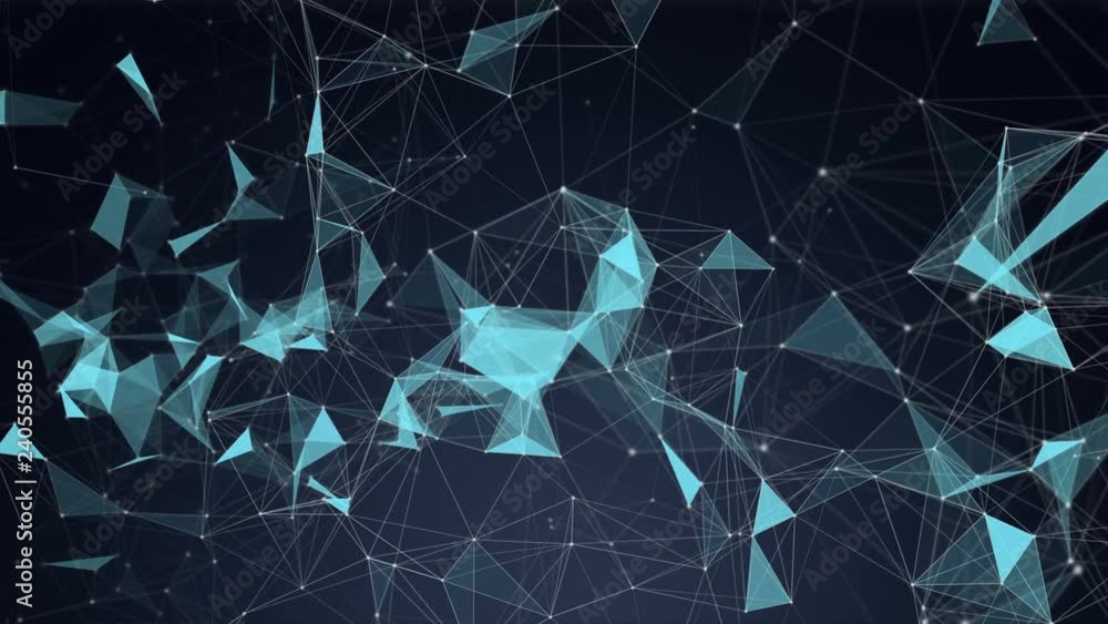 Poster blue digital data and network connection triangle lines and spheres in futuristic technology concept