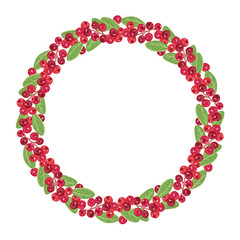 Cranberry wreath isolated on white background. Red ripe berries and green leaves. Vector bright color illustration in cartoon flat style.