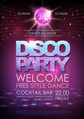 Disco ball background. Disco party poster. Neon